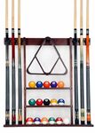 ISZY Billiards Pool Cue Rack - Billiard Pool Stick and Ball Holder Only - 100% Wood Wall Mount Holds 6 Cues and 16 Balls - Pool Table Accessories, Mahogany