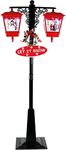 Fraser Hill Farm Let It Snow Series 71-in. Double Lantern Street Lamp with 1 Santa, 1 Snowman, 1 Sign, Cascading Snow, Christmas Carols, Festive Holiday Home Decor, Red/Black