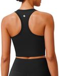 PINSPARK Black Sports Bra Athletic Tank Tops for Women Racerback Padded Longline Yoga Tops Tennis Workout Tank Built in Bra Medium,Black