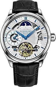 Stuhrling Mens Automatic Stainless Steel Automatic Skeleton Movement Duel Time Dial AM/PM Dial & Alligator Embossed Leather Strap Mechanical Watch, silver, black, Mechanical