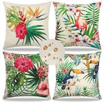 KHOYIME Outdoor Pillow Covers 18x18 Waterproof, Tropical Floral Parrot Flamingo Decorative Throw Pillow Cover, Farmhouse Linen Pillowcase Cushion Cases Patio Couch Sofa Decorations Home Decor Set of 4