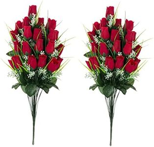 Memobloom Artificial Cemetery Flowers Grave Bouquets 2 Pcs Memorial Flowers Fake Pure Red Roses for Cemetery Gravesite Floral Arrangements Outdoor Graves Decorations Silk Funeral Fower for Grave Vase