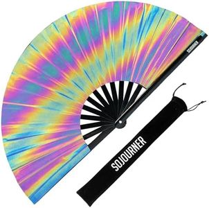 SoJourner Bags Reflective Rainbow Rave Fan - Large Folding Clack Fan for Men and Women - Rave Accessories for EDM, Line Dancing, Cosplay, Concerts and More