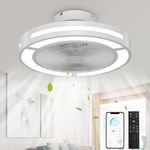 Ohniyou Low Profile Ceiling Fan with Light, 19'' Small Flush Mount Ceiling Fan, Modern Bladeless Enclosed Ceiling Fans with Dimmable LED Light and Remote for Bedroom, Living Room (Silver)