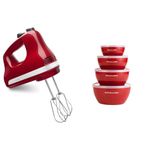 KitchenAid KHM512ER 5-Speed Hand Mixer (Empire Red) + KitchenAid Classic Prep Bowls with Lids, Set of 4 (Empire Red)