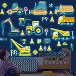 Glow in The Dark Construction Vehicles Wall Stickers Transport Cars Theme Fluorescent Stickers Peel and Stick Road Signs Truck Wall Art Decals for Kids Boys Bedroom Playroom Baby Nursery Blue