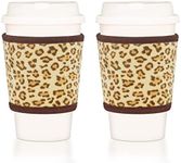 BAGnoREGio Soft Plush Velvet Reusable Hot Coffee Sleeve, Heat Resistant Fuzzy Neoprene Insulated Cozy for Iced Drink Cups, 2-pack, Leopard