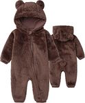 Babymine Infant Boy's Zipper Romper Fleece Jumpsuit Solid Bear Hooded Snowsuit Footie Onesie Brown 6-9Month