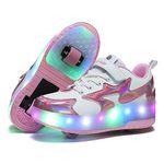 YUNICUS Light Up Shoes Kids Light Up Shoes Kids Double Wheels Rechargeable Roller Skates Shoes Wheelies for Kids Girls Unisex(3.5 Big Kid White Pink 35)