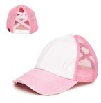 Funky Junque Criss Cross Hat Womens Baseball Cap Distressed Ponytail Messy Bun Trucker Ponycap, 2 Tone - White/Light Pink, One Size