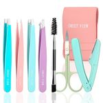 SWEET VIEW 7pcs Eyebrow Tweezers Set, Precision Plucker with Brow Scissors & Razor & Spoolie for Facial, Chin,Brow, Splinter and Ingrown Hair