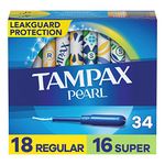 Tampax Pearl Tampons, Duo Pack, Regular/Super Absorbency, 34 Count