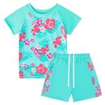 BOVOSHA Girls Swimwear Set Kids Mermaid Bathing Suit Girl Swimsuit Rash Guard Floral Swim Shirt ＋ Swim Shorts Set (Blue, 9-10 Years)