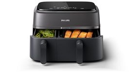 Philips Dual Basket Air Fryer 3000 Series, 8-in-1 functions, 9L, 2 Drawers, Auto-sync Cooking Time, 90% Less Fat, Rapid Air Technology, HomeID Recipe App, Dishwasher Safe, Black (NA350/00)