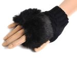 Bold N Elegant Black Faux Rabbit Hair Fur and Wool Knitted Winter Thermal Warm and Comfortable Fingerless Gloves Mittens Winter Accessories Hand Warmer Gloves for Women and Girls