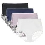 LIQQY Women's 3 or 4 Pack Comfort Cotton Lace Coverage Full Rise Briefs Knickers Underwear (Small, Black/Navy/Purple/White)