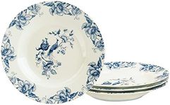 fanquare 8" Bone China Soup Bowls Set of 4, Rimmed Soup Plates Set for Salad, Pasta, Ramen, Blue Porcelain Floral Deep Plates