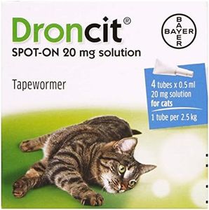 Bayer Droncit Tapewormer 20mg Spot-on solution for Cats from 2.5 to 5 kgs, Pack of 4 Pipettes