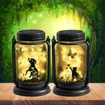 2 Pack Outdoor Hanging Solar Lantern, Cat & Dog Butterfly Theme Vintage Glass Mason Jar Solar Fairy Lights, Gifts for Mom, Grandma, Women, Waterproof Garden lights for Patio Yard Lawn Tree Party Decor