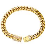 Gold Dog Chain Collar Metal Chain Collar with Cubic Zirconia Design Secure Buckle, 18K Cuban Link Chain Heavy Duty Chew Proof Walking Collar(14MM, 24")