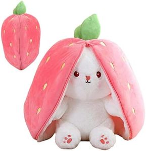 9.84 Inch Hide and Seek Rabbit Plush Toys, Easter Rabbit Stuffed Animal Dolls, Cute Rabbit Plush Dolls, Zippered Double-Sided Rabbit Plush Pillow, Rabbit Plush Wrapped in Strawberry