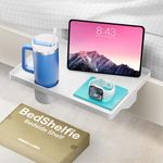 BedShelfie Bedside Shelf for Bunk Bed & Top Bunk, College Dorm Room Essential, Loft Bed Accessories, Clip On Nightstand Snack Organizer, Floating Bed Side Table Tray Storage - 6.4cm Cup Holder, White