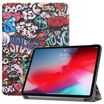 Premium Trifold Case for iPad Pro 11", Gylint Slim Fit Leather Smart Case with Rubber Back Cover [Apple Pencil Charging Supported] Compatible with iPad Pro 11" 2018 (Graffiti)