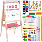 Blue Squid Art Easel for Kids - Dual-Sided Adjustable Wooden Painting Easels with Magnetic Chalk Board, White Board & Paper Roll - Includes 100+ Accessories for Toddlers & Children 3 to 12