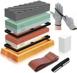 Meff-Mluk Knife Sharpening Stone Kit 400/1000/3000/8000 Grit Whetstone Knife Sharpener Set with Non-Slip Bamboo Base, Flattening Stone, Angle Guide, Stone Fixer, Cut Resistant Gloves, Leather Strop