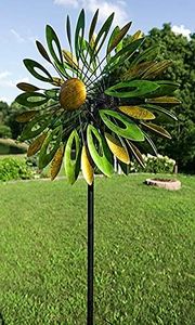 Marshall Kinetic Meadowgold Wind Spinner, Green & Yellow, 93" H – Large Outdoor Metal Wind Spinner with Dual Flower-Inspired Blades, Tall Steel Pole & Anchor Base, Vibrant Garden Yard Art Sculpture
