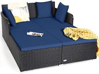 HAPPYGRILL Patio Rattan Daybed Outdoor Loveseat Sofa Set with Padded Cushion Pillows and Sturdy Aluminum Foot Wicker Patio Furniture for Garden Porch Poolside, Navy (HG1534)