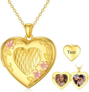 SOULMEET Personalized 10k 14k 18k Solid Gold Heart Daisy Locket Necklace That Holds 2 Pictures Letters Engraved Two Tones Diamond Cut Double Heart Lockets (Custom photo & text)