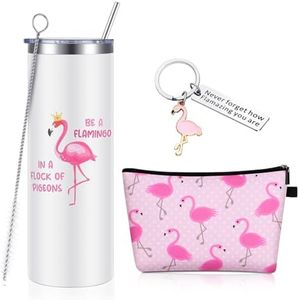 3 Pcs Flamingo Gifts for Women Including Cute Flamingo Stainless Steel Wine Tumbler with Straw and Brush Motivational Flamingo Keychain and Cosmetic Bag (Flamingo, 20 oz)