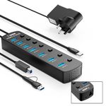 USB Hub Powered 7 Port USB 3.0 Data USB Extension Splitter with Individual On/Off Switch Universal AC to DC 5V Power Adapter