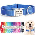 SEOUGEE Personalised Dog Collar with Engraved Metal Buckle, Reflective Nylon Collars for Small Medium Large Dogs with Custom Name Plate Phone Number Adjustable (Dark Blue, M:Neck 35-50cm,Width 2cm)