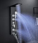 TSIBOMU Multi-Function LED Lights Shower Panel System Black, 5 in 1 Shower Panel Include Rainfall & Waterfall Shower Head, 3 Pcs Adjustable Massage Jets, Handheld Shower, Tub Spout