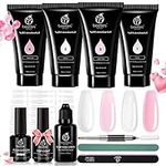 Beetles Poly Nail Extension Gel Kit Clear White Pink 1OZ PolyNail Colors for Builder Gel Nail Art Kit with Poly Brush Nail Forms Dual Forms Tyro Nail Salon All-in-One French Kit Easy DIY Mother's Day Gift for Women