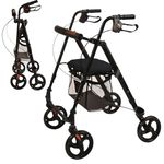 MobiQuip Aluminium Rollator, 4 Wheeled Walker with Seat and Storage Basket, Weighs Just 6.4kg Lightweight Folding Mobility Aid, Easy to Fold Walking Frame, for Elderly or Disability, Black