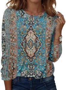 Womens Long Sleeve Tops Casual Plus Size Fall Ethnic Ladie's Long Sleeve School Crewneck Printed Tees for Turquoise 4XL