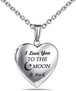 YOUFENG Love Heart Locket Necklace That Holds Pictures Engraved I Love You to the Moon and Back Photo Lockets, enamel