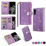 for Samsung Galaxy A14 4G / 5G Case Wallet, Glitter Carving Zipper Handbag with 9 Card Slots & Wrist Strap,Stand Flip Protective Cover for Women Magnetic Phone Case for Samsung A14 (Purple)