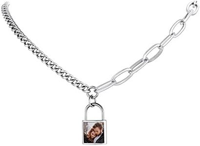 Customized Padlock Pendant Photo Necklace Stainless Steel Curb Chain Friendship 18inch Statement Personalized Lock Chain Necklaces for Women Asymmetric Jewelry