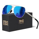 LUENX Men Women Aviator Sunglasses Polarized Shades Flexible Spring Hinge - Mirrored Blue Lens Silver Metal Frame Large 60mm