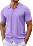 COOFANDY Mens Crochet Button Down Shirt Vintage Knit Shirt Summer Short Sleeve Shirts Light Purple