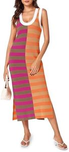 Wenrine Womens Summer Striped Dress Sleeveless Knitted Contrast Color Side Slit Casual Maxi Beach Dress, Orange, X-Large