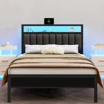 Furnulem Full Size Bed Frame with Charging Station and LED Lights, Platform Bed with Metal Slats, Grey Upholstered Headboard with 2-Tier Storage Shelves, No Box Spring Needed