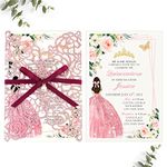 DORIS HOME 50PCS Laser Cut Quinceanera Invitation with Envelope, 4.9" x7.2' Pink Glitter Invitations Laser Cut, Burgundy and Pink Glitter Invitation Cards with Pearl embelishments, Blank