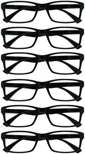 OPULIZE Pep Reading Glasses 6 Pack Classic Everyday Rectangular Frame Spring Hinges Scratch Resistant Mens Womens RRRRRR92, Black, +2.50 Magnification