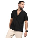 Campus Sutra Men's Charcoal Black Self-Design Striped Shirt for Casual Wear | Spread Collar | Short Sleeve | Button Closure | Shirt Crafted with Comfort Fit for Everyday Wear
