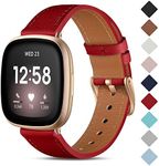 CeMiKa Leather Strap Compatible with Fitbit Sense/Fitbit Versa 3 Strap, Genuine Leather Straps Replacement Wristband Compatible with Fitbit Versa 3/Fitbit Sense Strap for Women Men, Red